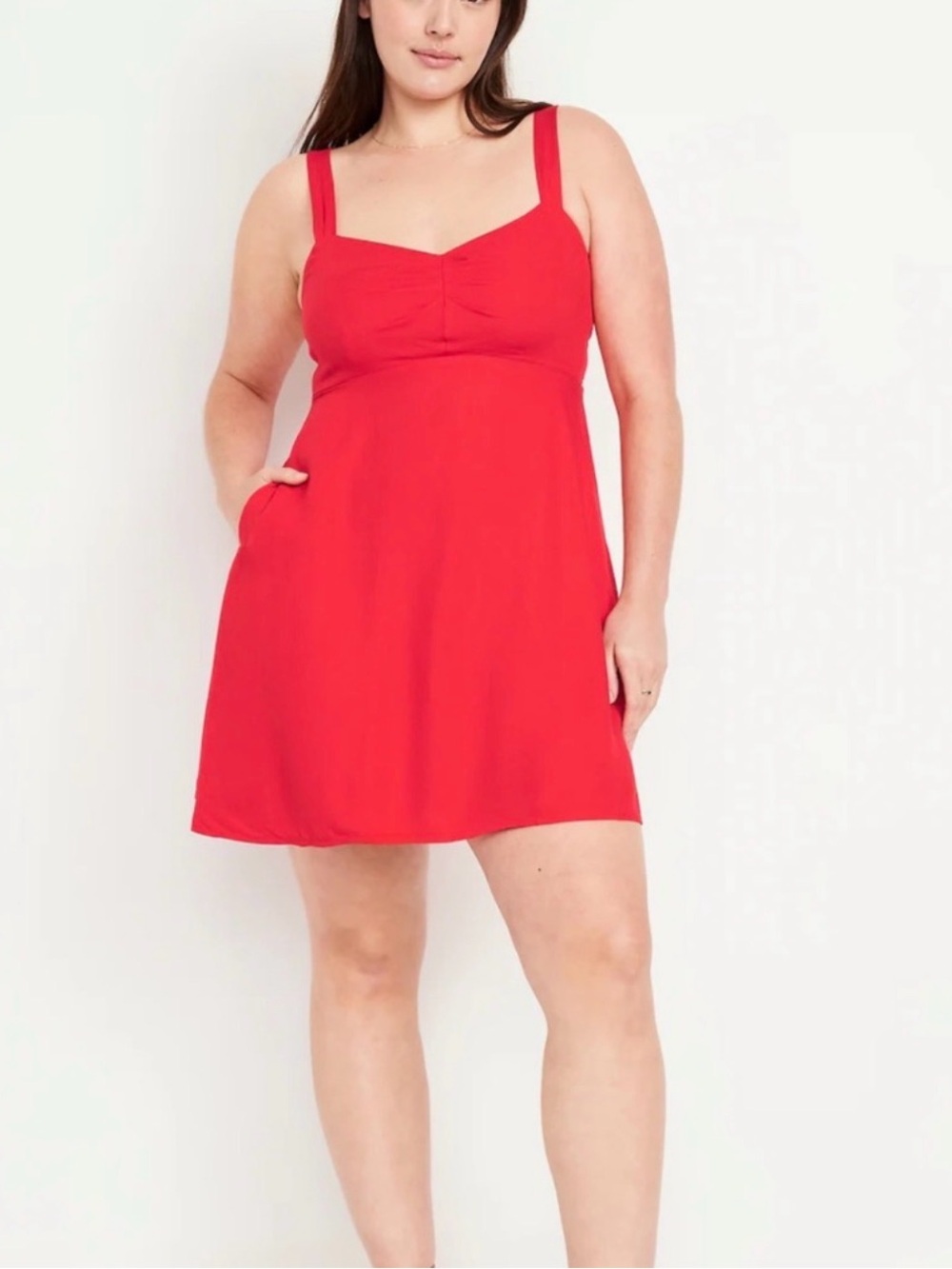 Old Navy Fit & Flare Mini Crepe Dress in Bright Coral
